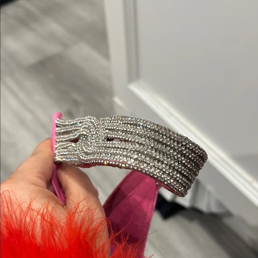 SCHUTZ Linara Neon Pink Leather Crystal Heels 5.5